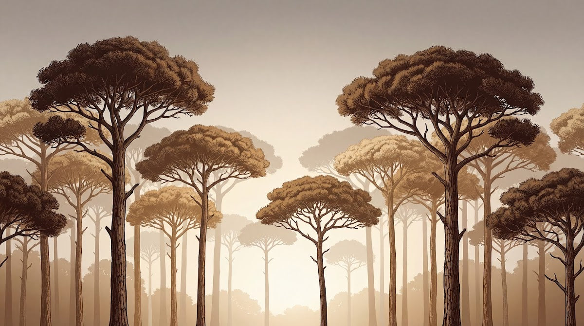 Papier peint panoramique pins parasol - Arbres méditerranéens silhouettes élancées coucher soleil tons beige doré sur mesure - Design