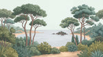 Papier peint panoramique pins parasol - Baie méditerranéenne côtière rochers affleurants tons vert sauge et beige sur mesure - Design