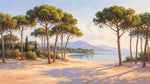 Papier peint panoramique pins parasol - Paysage côtier méditerranéen plage sableuse tons beige et vert sur mesure - Design