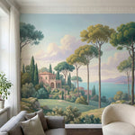 papier peint panoramique pins parasol villa italienne cypres lac montagneux tons-1