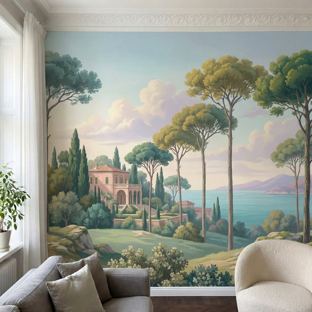 papier peint panoramique pins parasol villa italienne cypres lac montagneux tons-1