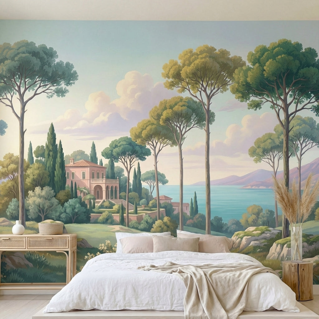 papier peint panoramique pins parasol villa italienne cypres lac montagneux tons-2