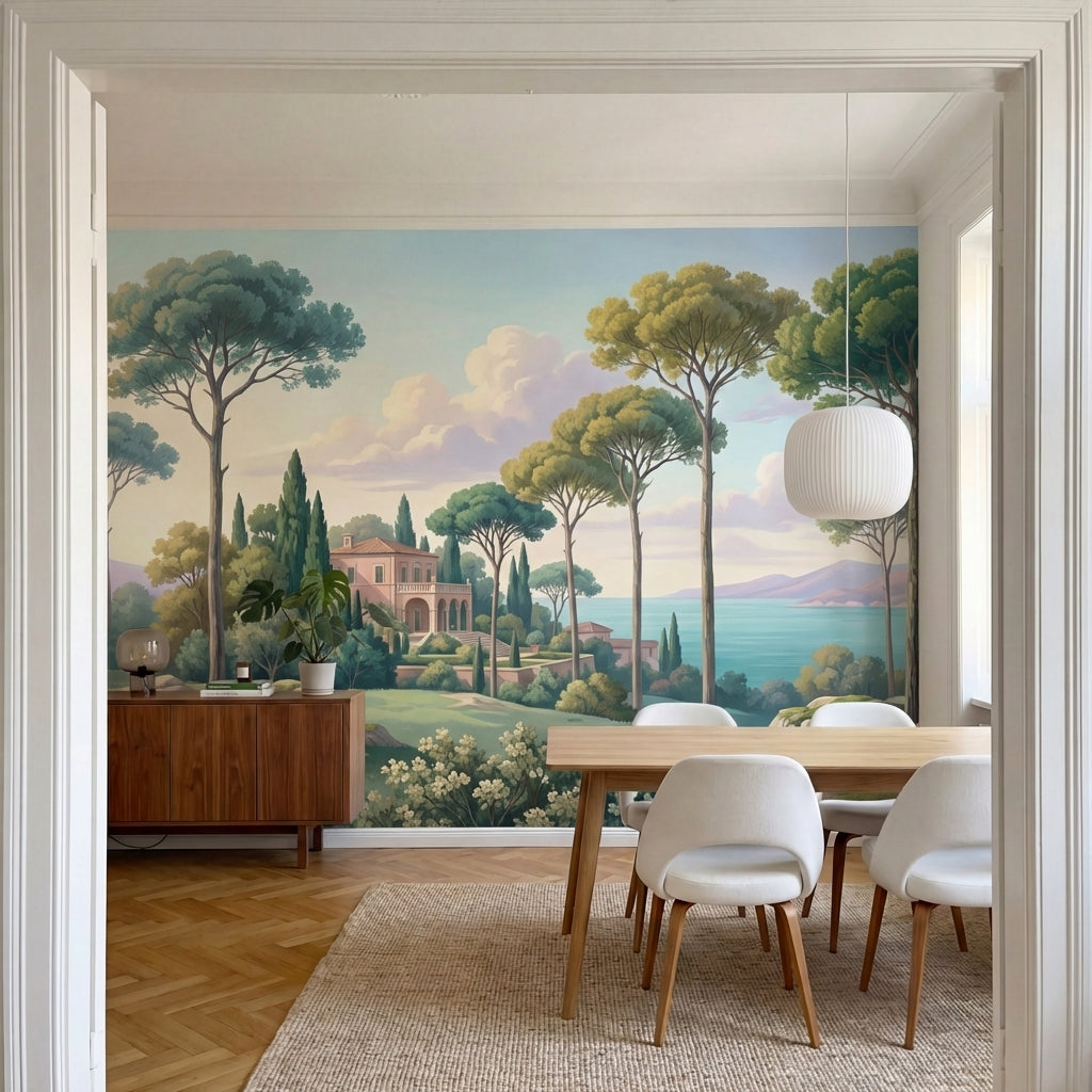 papier peint panoramique pins parasol villa italienne cypres lac montagneux tons-6