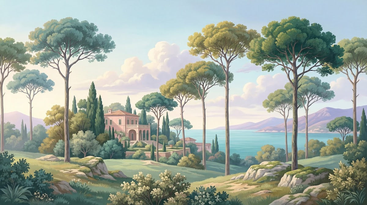 Papier peint panoramique pins parasol - Villa italienne cyprès lac montagneux tons vert sauge et beige sur mesure - Design
