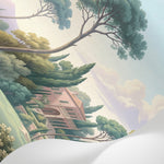Papier peint panoramique pins parasol - Villa italienne cyprès lac montagneux tons vert sauge et beige sur mesure - Matière