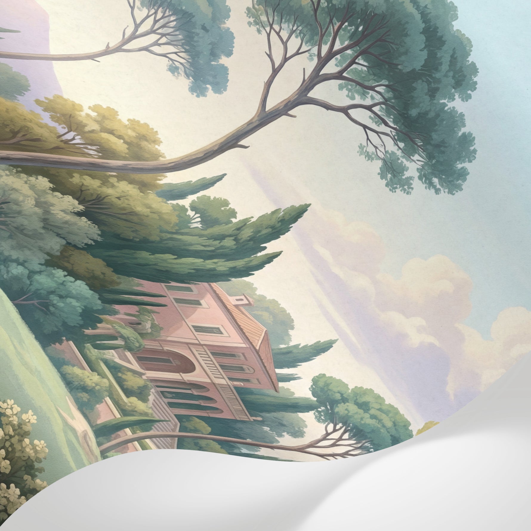 Papier peint panoramique pins parasol - Villa italienne cyprès lac montagneux tons vert sauge et beige sur mesure - Matière