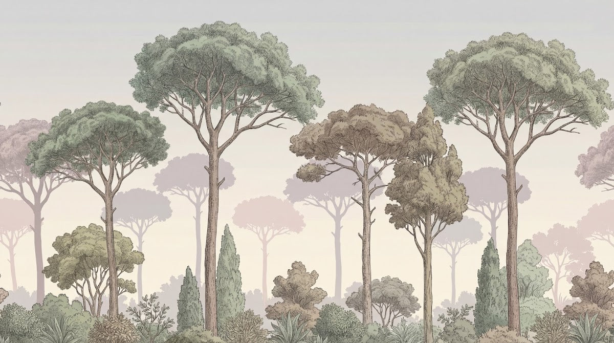 Papier peint panoramique pins - Pins parasols méditerranéens feuillage étagé fond beige rosé et vert sauge sur mesure - Design