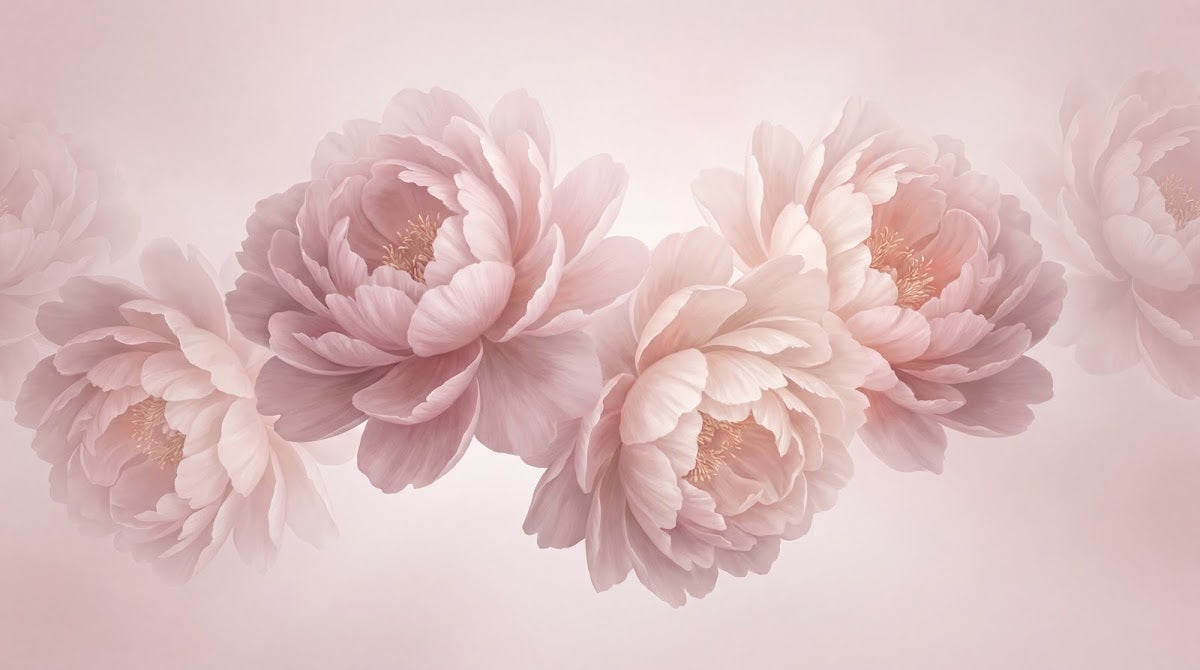 Papier peint panoramique pivoine - Fleurs délicates multicouches pétales soyeux tons rose poudré et beige crème sur mesure - Design