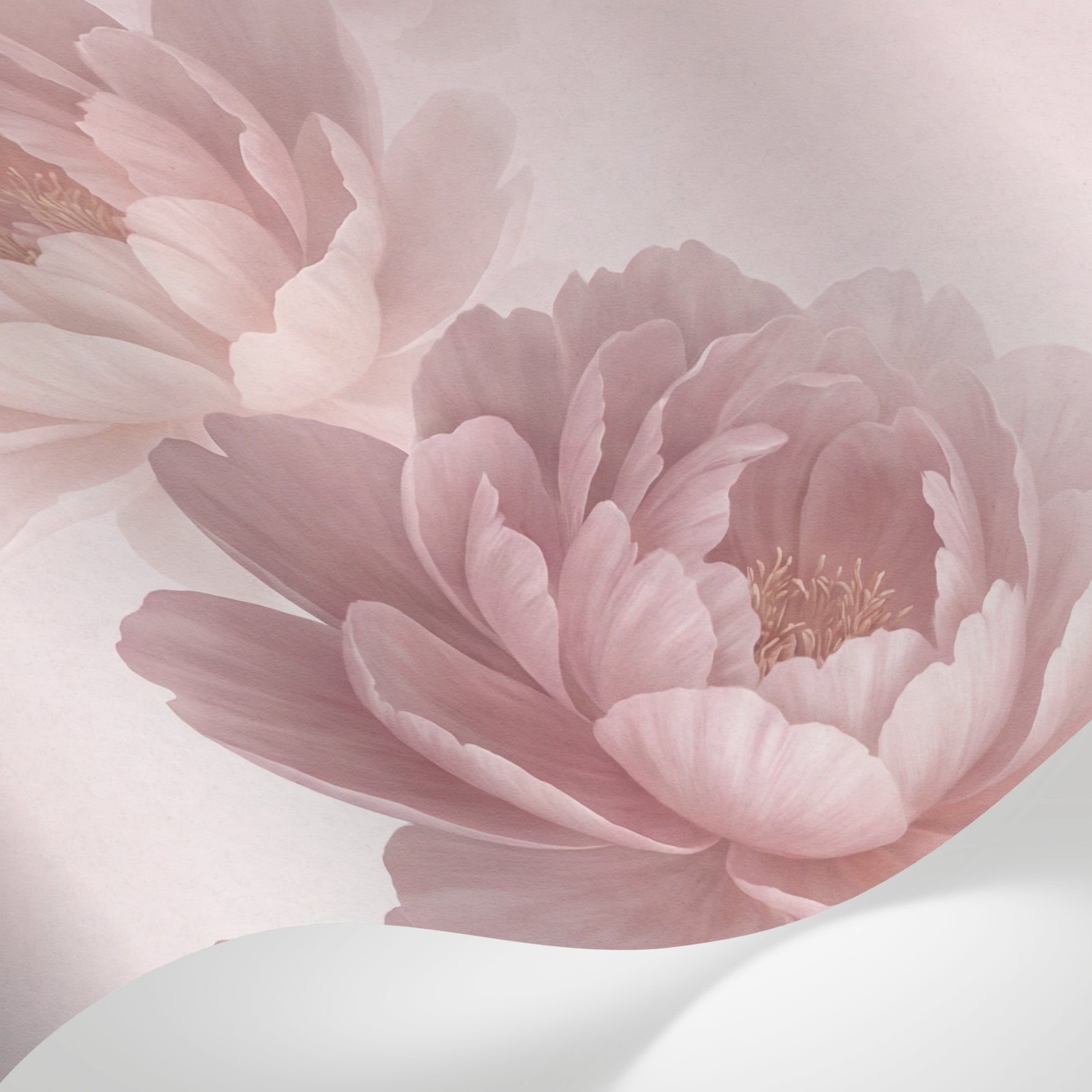 Papier peint panoramique pivoine - Fleurs délicates multicouches pétales soyeux tons rose poudré et beige crème sur mesure - Matière