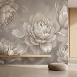 papier peint panoramique pivoine fleurs doubles petales superposes tons beige ro-1