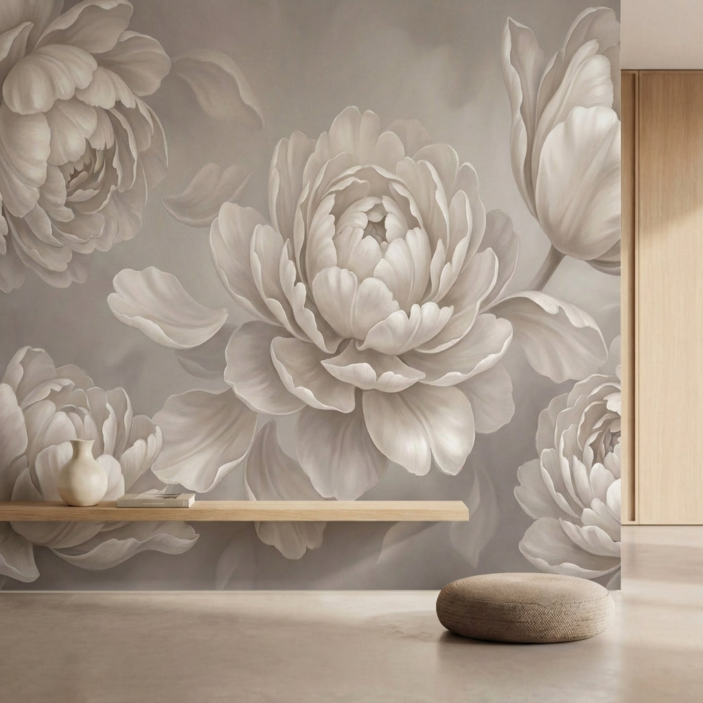 papier peint panoramique pivoine fleurs doubles petales superposes tons beige ro-1
