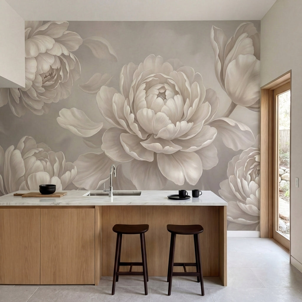papier peint panoramique pivoine fleurs doubles petales superposes tons beige ro-2