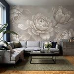 papier peint panoramique pivoine fleurs doubles petales superposes tons beige ro-6