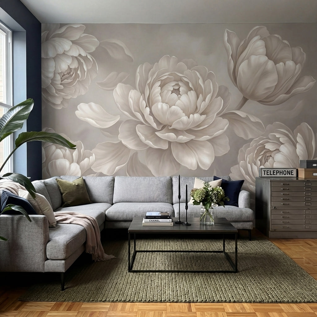 papier peint panoramique pivoine fleurs doubles petales superposes tons beige ro-6
