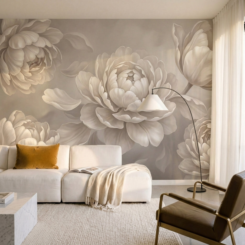 papier peint panoramique pivoine fleurs doubles petales superposes tons beige ro-7