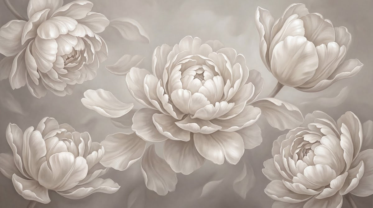 Papier peint panoramique pivoine - Fleurs doubles pétales superposés tons beige rosé et blanc crème sur mesure - Design