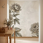 papier peint panoramique pivoine pivoines delicates feuillage detaille gravure b-10