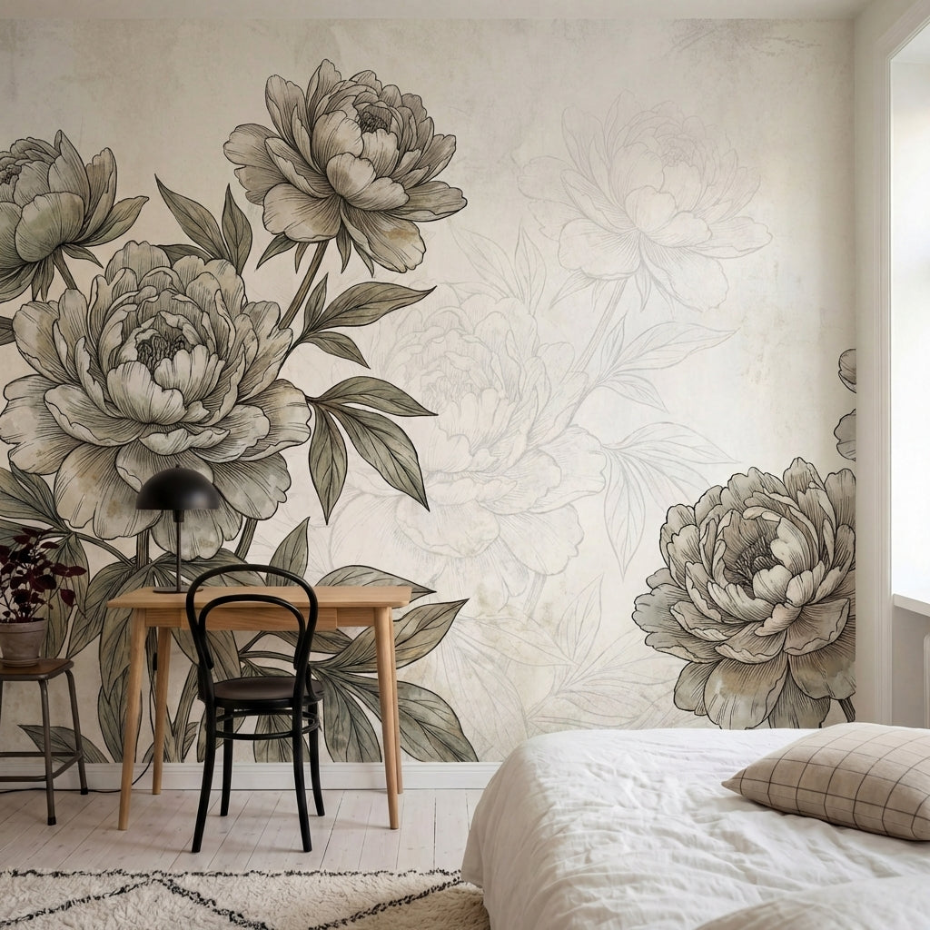 papier peint panoramique pivoine pivoines delicates feuillage detaille gravure b-3