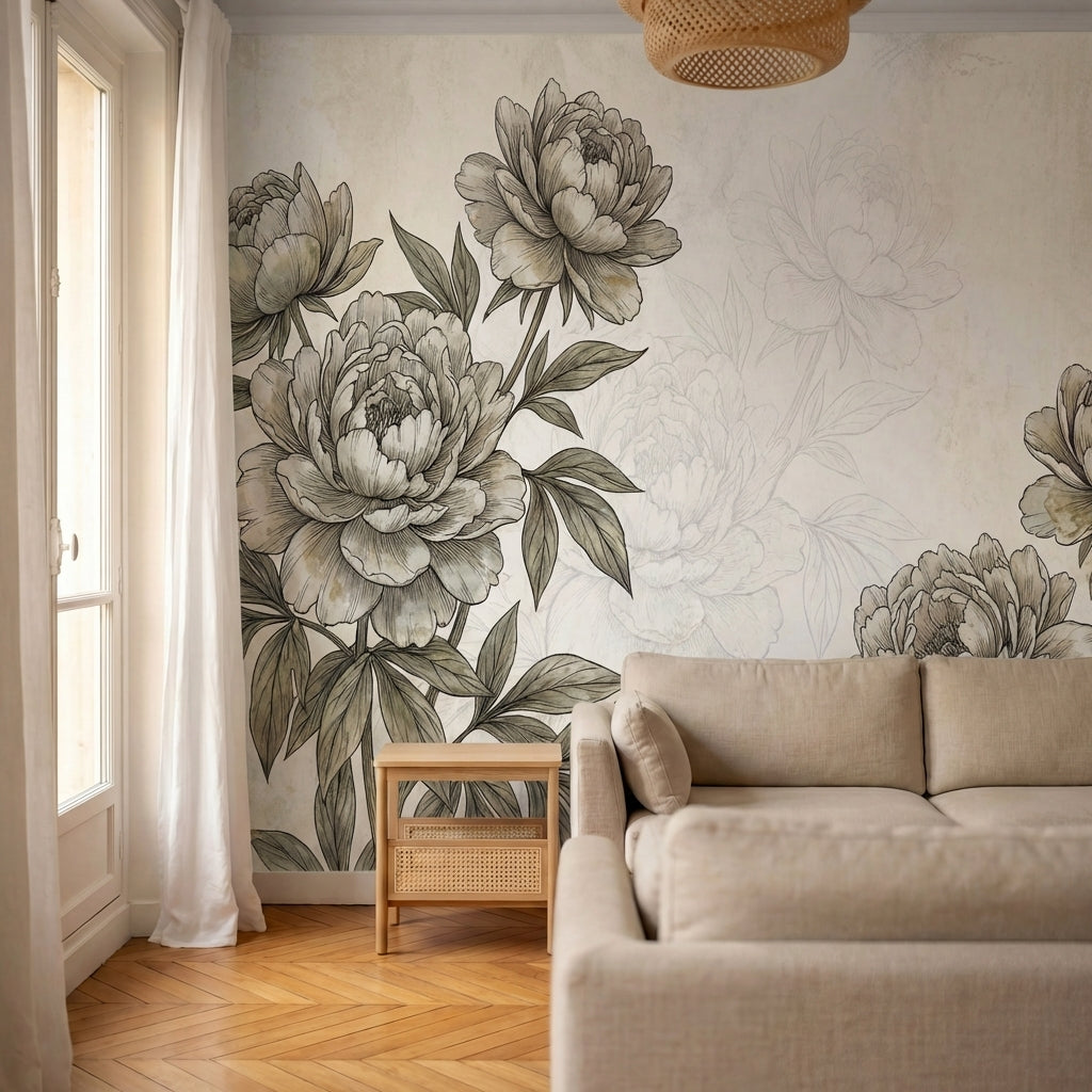 papier peint panoramique pivoine pivoines delicates feuillage detaille gravure b-6