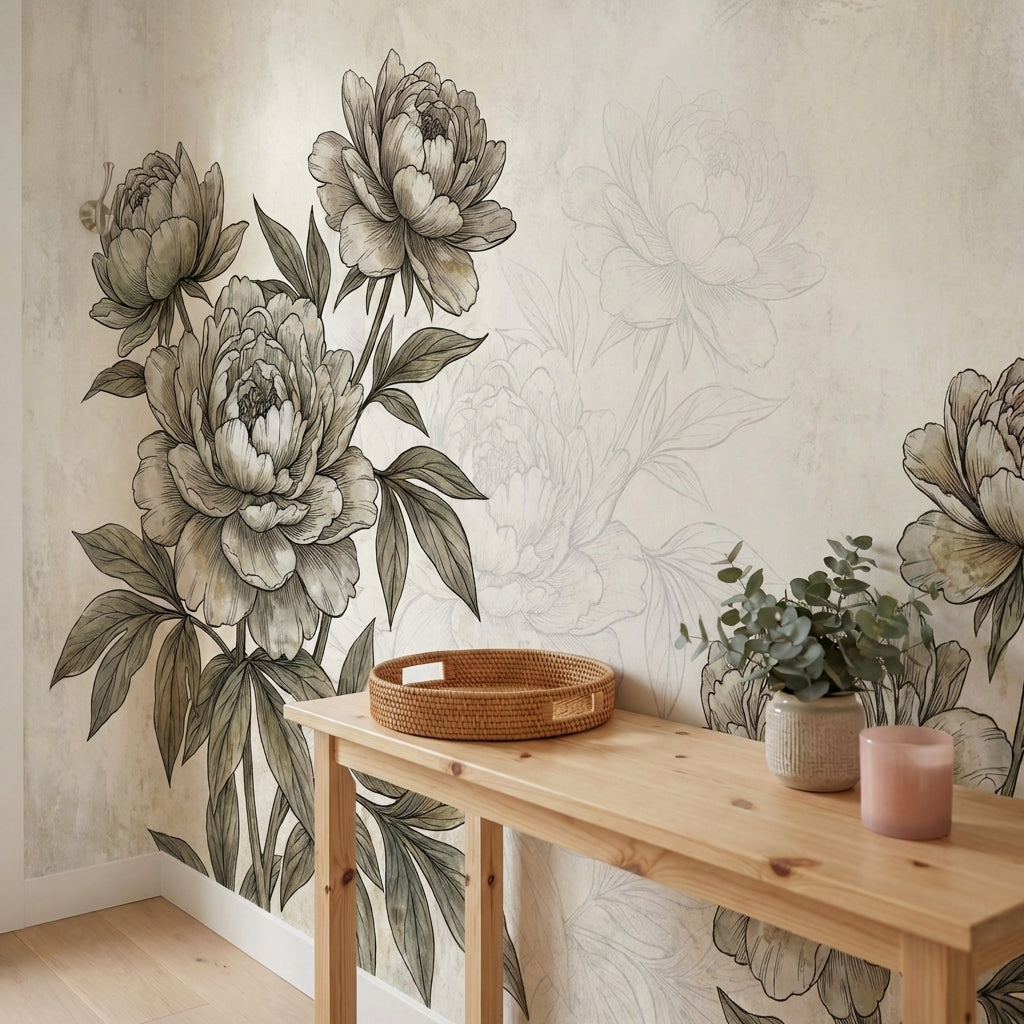 papier peint panoramique pivoine pivoines delicates feuillage detaille gravure b-7