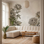 papier peint panoramique pivoine pivoines delicates feuillage detaille gravure b-9