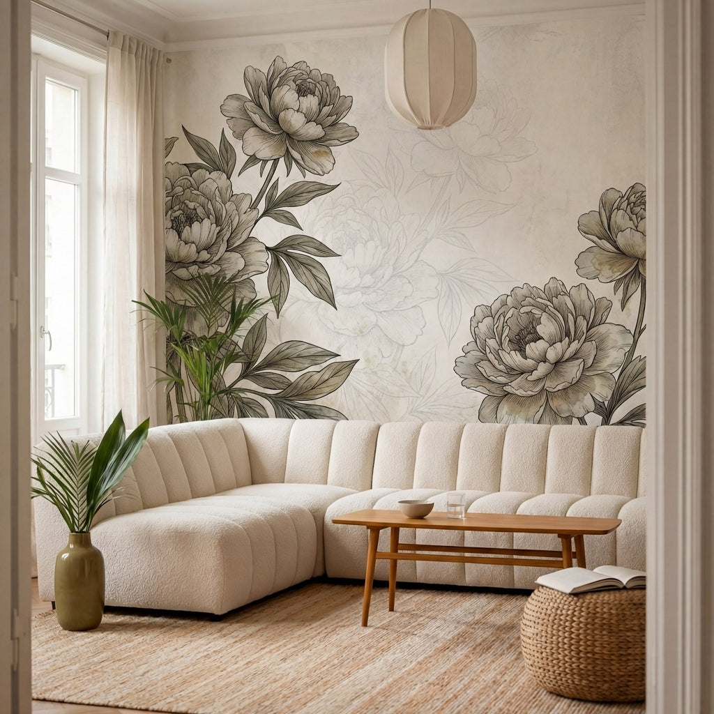 papier peint panoramique pivoine pivoines delicates feuillage detaille gravure b-9