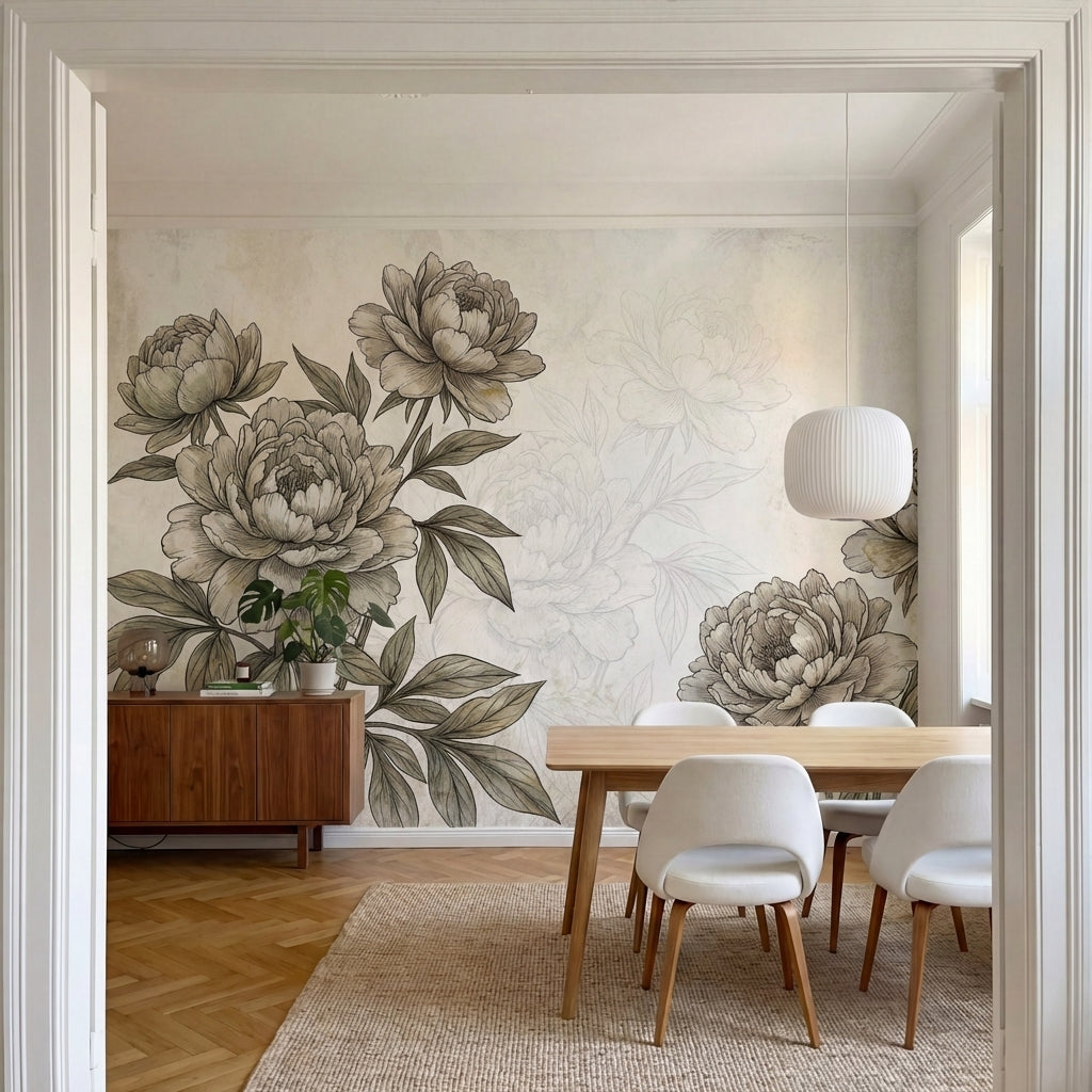 papier peint panoramique pivoine pivoines delicates feuillage detaille gravure b-VARIANTE-10