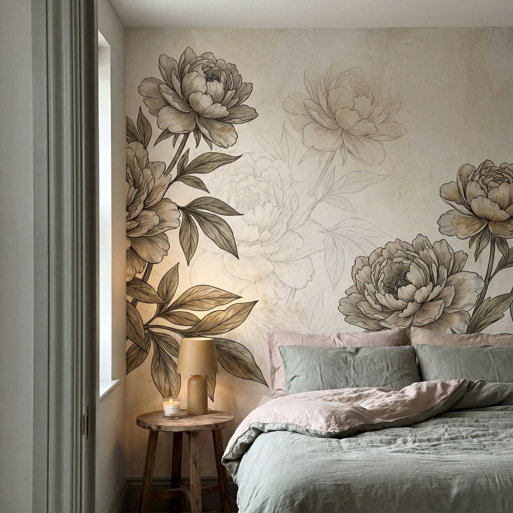 papier peint panoramique pivoine pivoines delicates feuillage detaille gravure b-VARIANTE-8