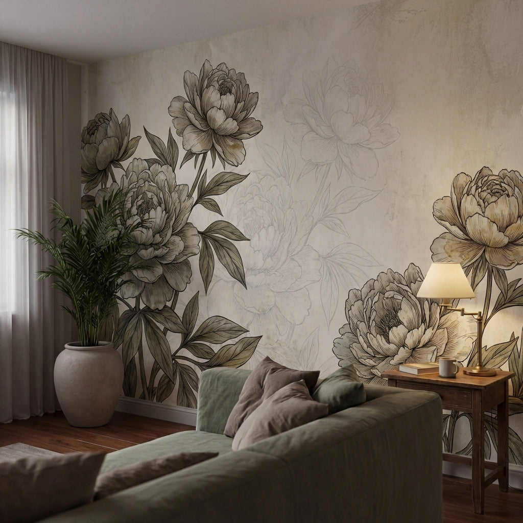 papier peint panoramique pivoine pivoines delicates feuillage detaille gravure b-VARIANTE-9
