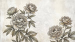 Papier peint panoramique pivoine - Pivoines délicates feuillage détaillé gravure beige et gris sur mesure - Design