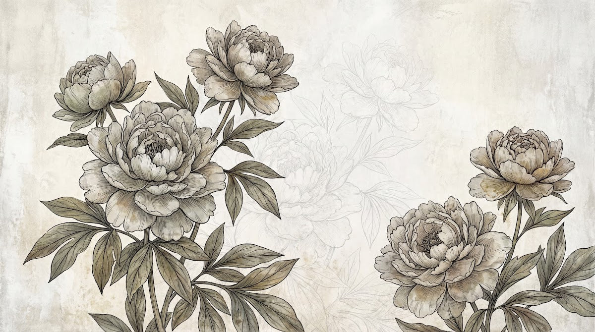 Papier peint panoramique pivoine - Pivoines délicates feuillage détaillé gravure beige et gris sur mesure - Design