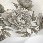 Papier peint panoramique pivoine - Pivoines délicates feuillage détaillé gravure beige et gris sur mesure - Matière
