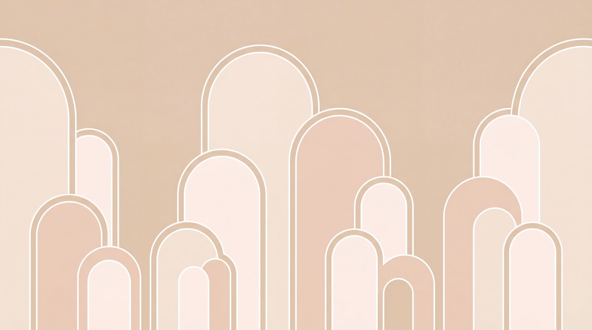Papier peint panoramique rose poudré - Arches géométriques entrelacées motifs répétitifs fond rose et beige sur mesure - Design
