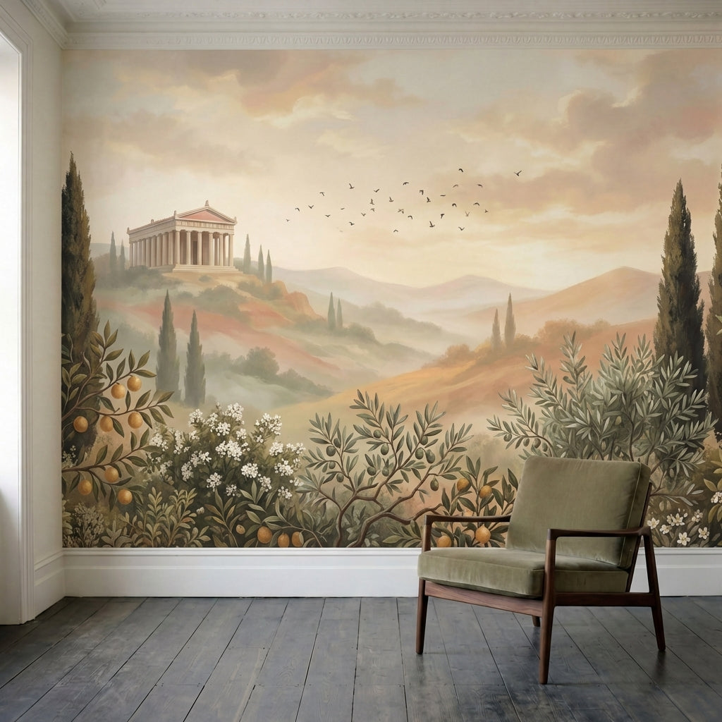 papier peint panoramique temple grec cypres oliviers brume matinale fond beige d-1