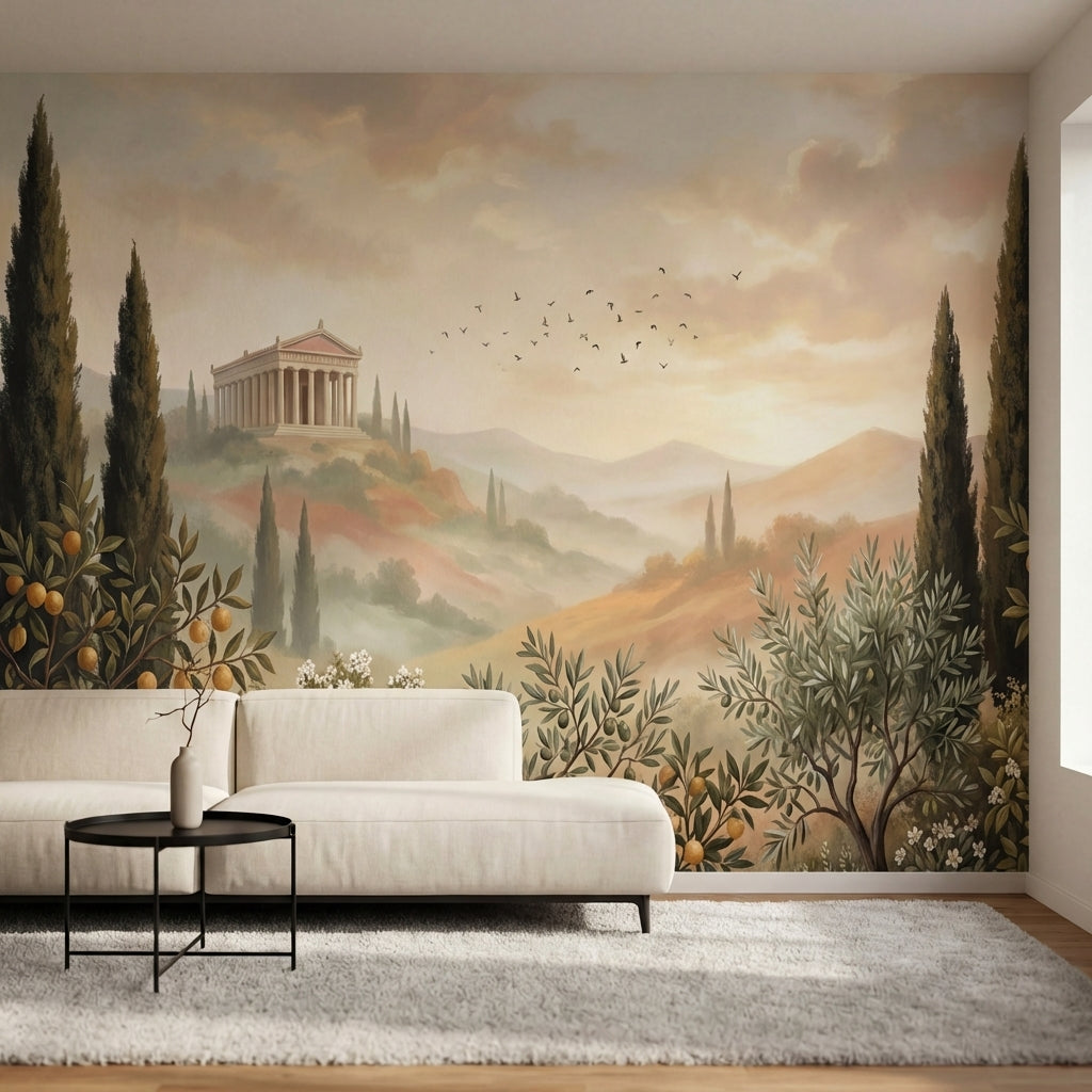 papier peint panoramique temple grec cypres oliviers brume matinale fond beige d-2