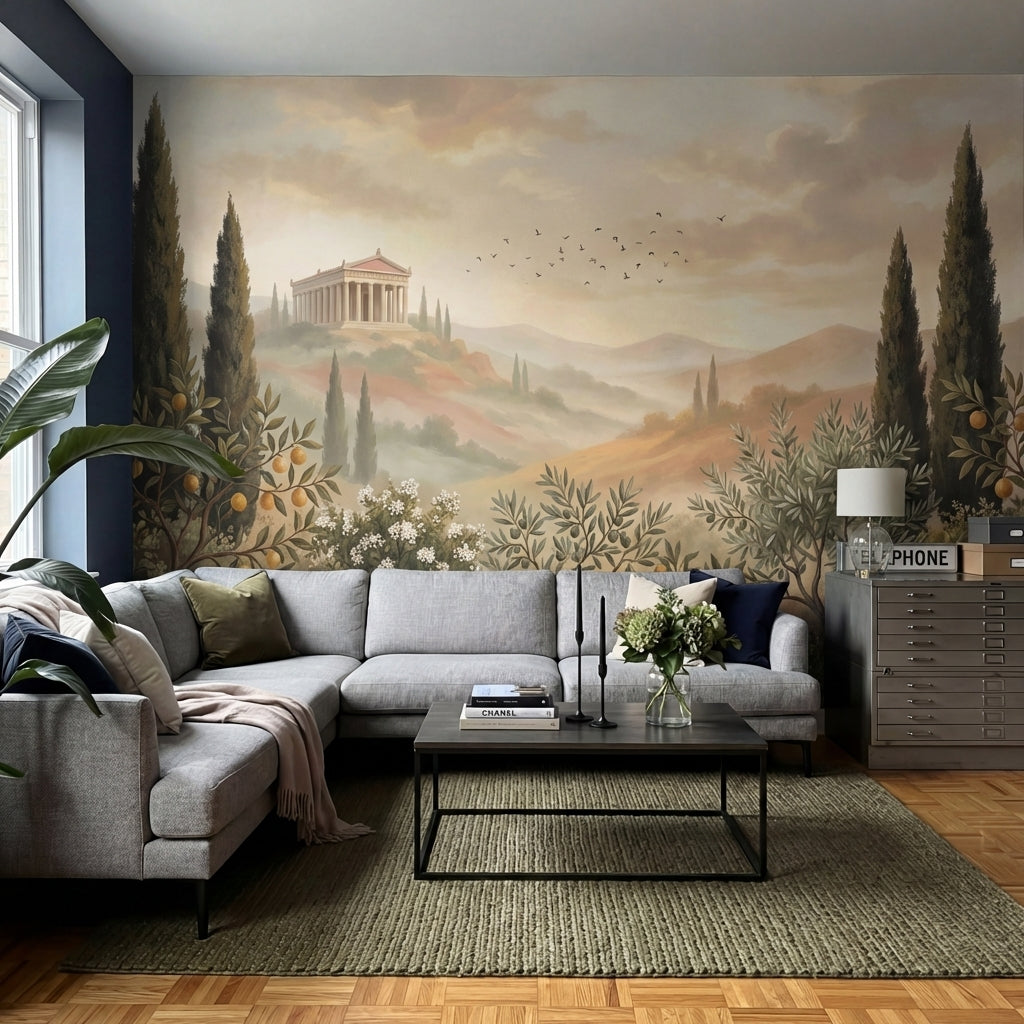 papier peint panoramique temple grec cypres oliviers brume matinale fond beige d-6