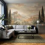 papier peint panoramique temple grec cypres oliviers brume matinale fond beige d-6