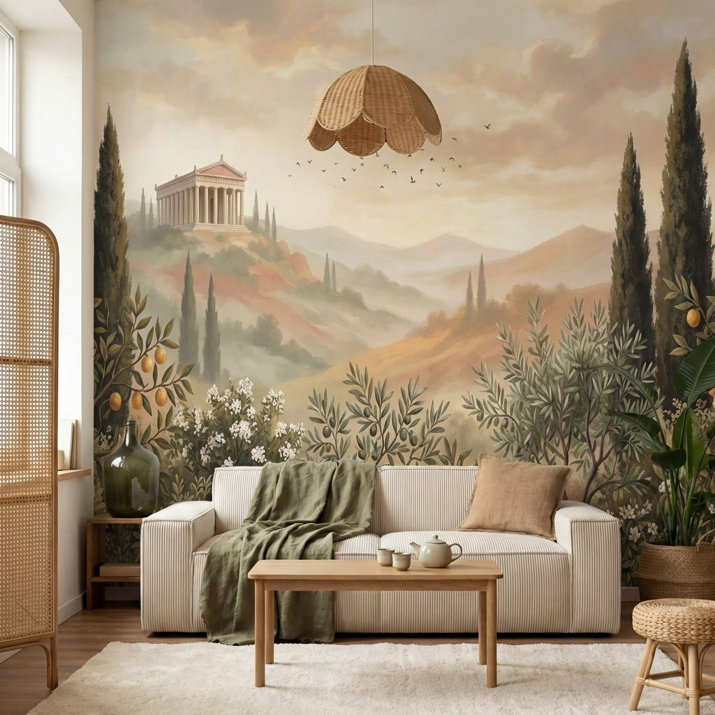 papier peint panoramique temple grec cypres oliviers brume matinale fond beige d-7
