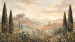 Papier peint panoramique - Temple grec cyprès oliviers brume matinale fond beige doré et vert sur mesure - Design