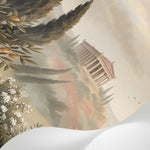 Papier peint panoramique - Temple grec cyprès oliviers brume matinale fond beige doré et vert sur mesure - Matière