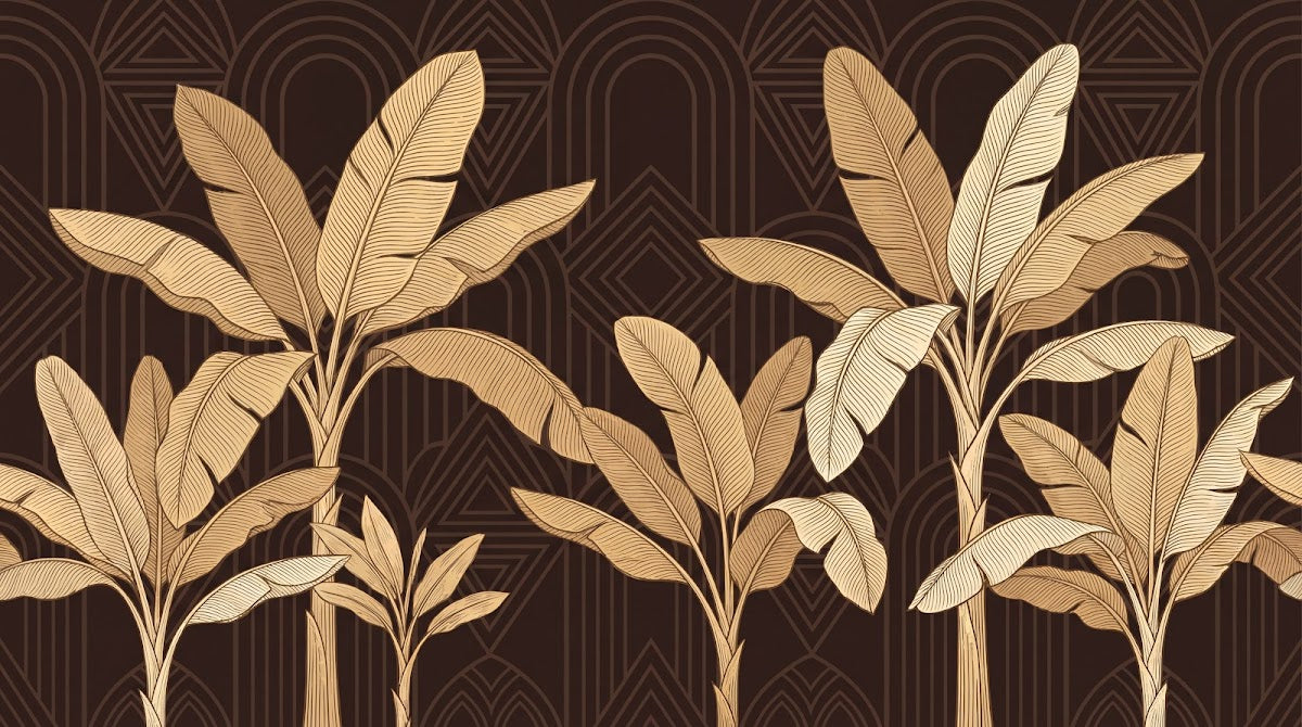Papier peint panoramique tropical - Bananiers palmiers feuillage exotique fond marron chocolat et beige doré sur mesure - Design