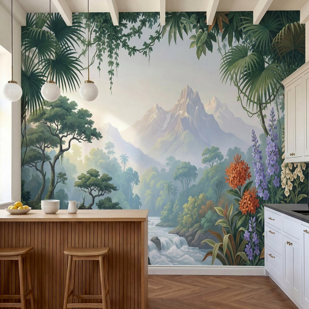 papier peint panoramique tropical cascades palmiers feuillage exotique fleurs or-1