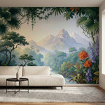 papier peint panoramique tropical cascades palmiers feuillage exotique fleurs or-2