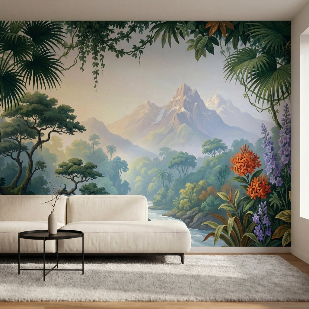 papier peint panoramique tropical cascades palmiers feuillage exotique fleurs or-2