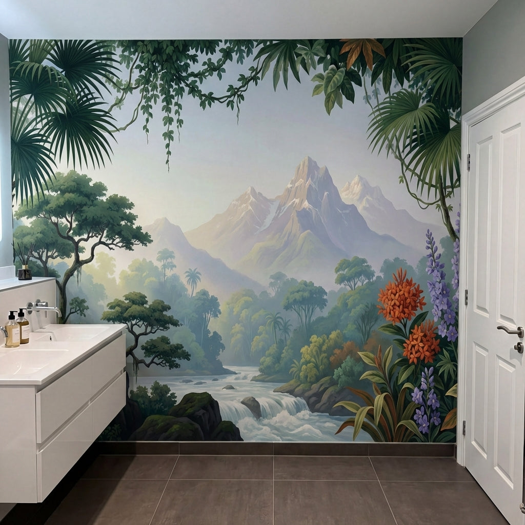 papier peint panoramique tropical cascades palmiers feuillage exotique fleurs or-6