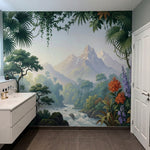 papier peint panoramique tropical cascades palmiers feuillage exotique fleurs or-6