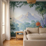 papier peint panoramique tropical cascades palmiers feuillage exotique fleurs or-7