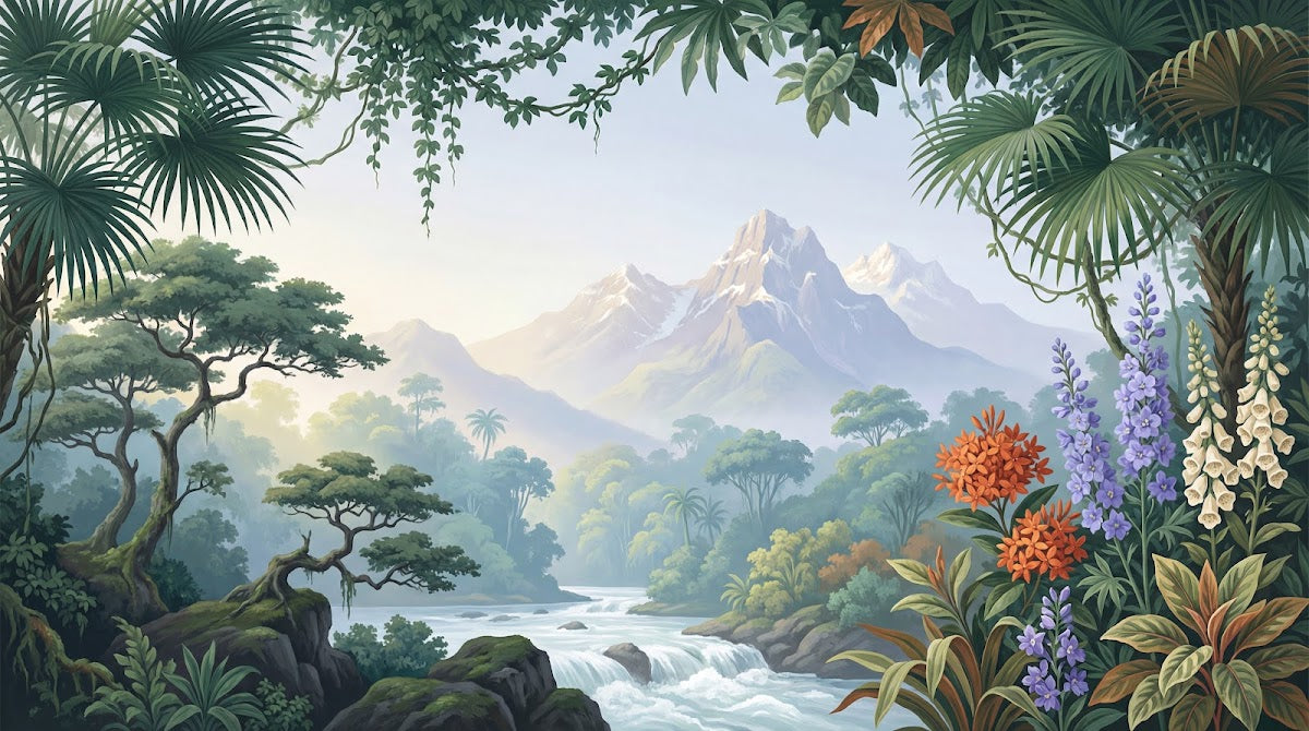Papier peint panoramique tropical - Cascades palmiers feuillage exotique fleurs orange violettes fond vert bleuté sur mesure - Design