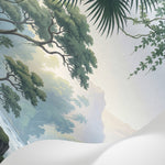 Papier peint panoramique tropical - Cascades palmiers feuillage exotique fleurs orange violettes fond vert bleuté sur mesure - Matière