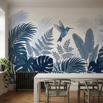 papier peint panoramique tropical colibri feuilles palmier bananier tons bleu ca-1